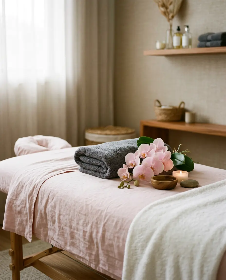 Soft orchid wellness scene for Thai massage therapy